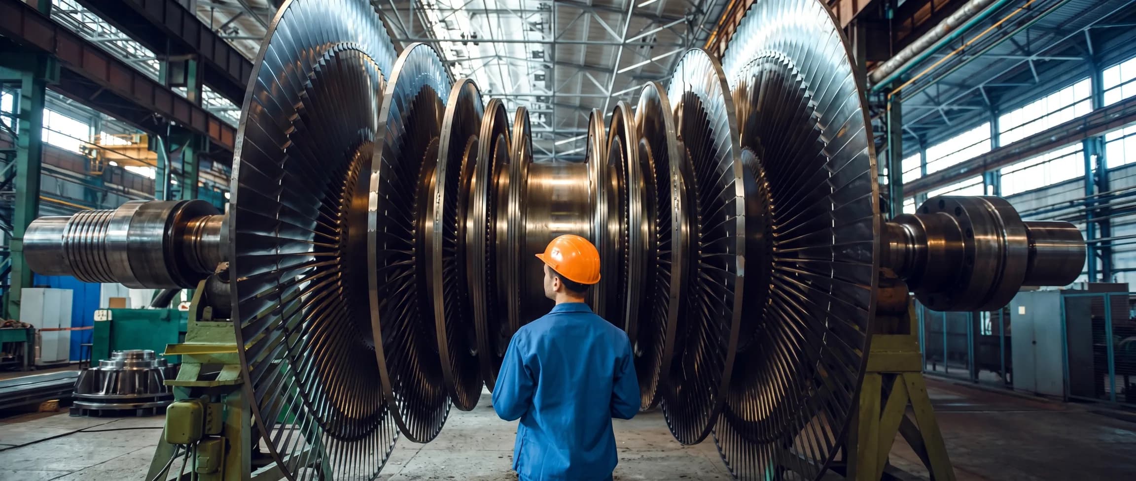 Инженер осматривает ротор газовой турбины